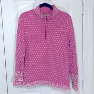 Vintage L.L. Bean Pink and White Fair Isle Zip Up Cardigan in Cotton Knit RARE